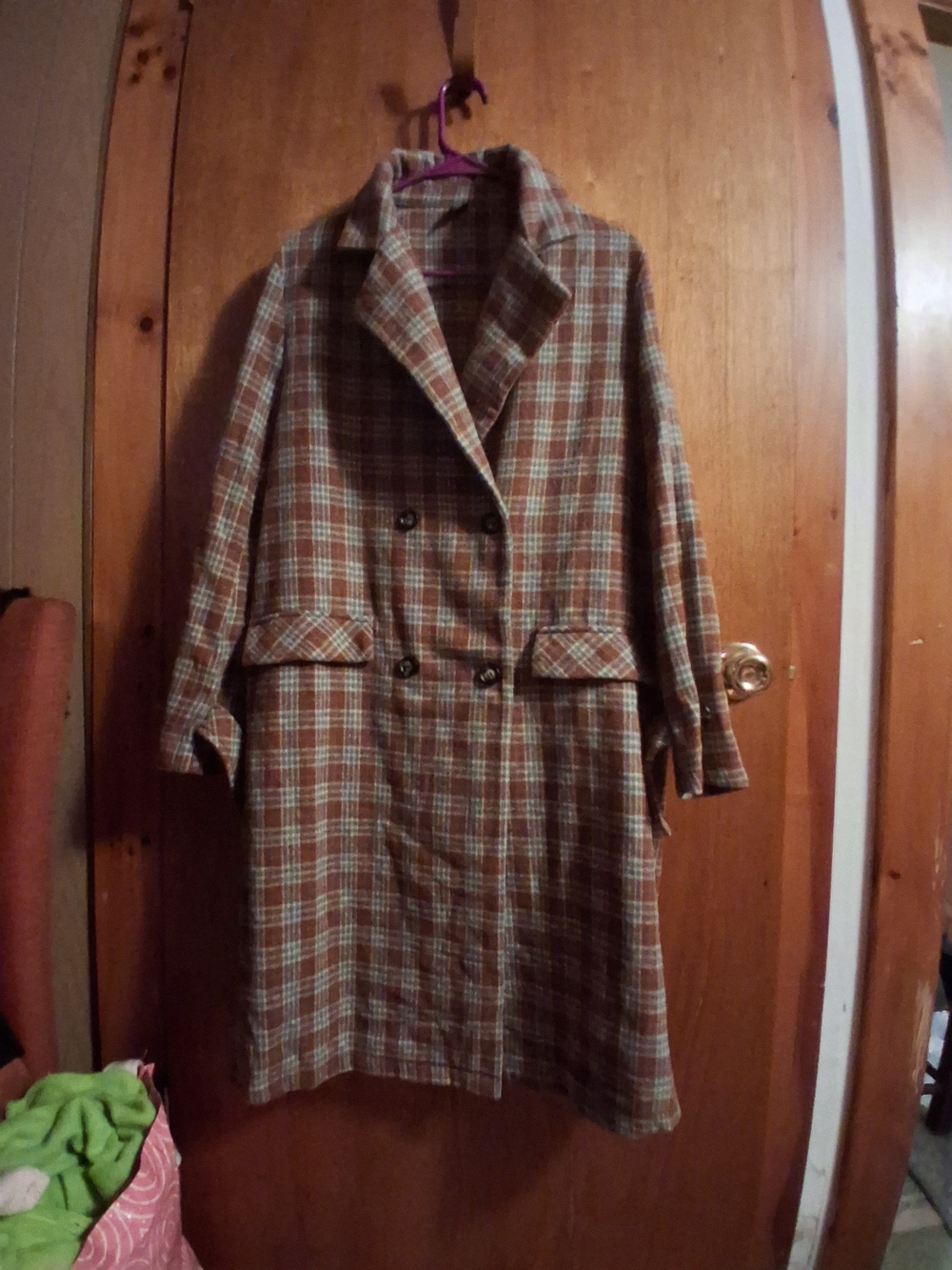 SHEIN Brown and Cream Plaid Double-Breasted Trench Coat
